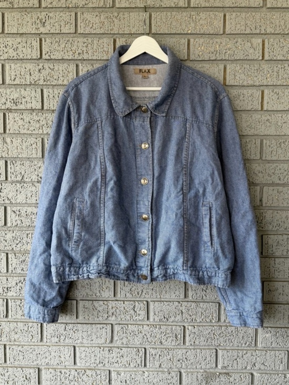 Flax Chambray Denim Jacket Blue Linen Cotton Blend Size Large